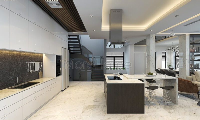 Thiết kế nội thất căn bếp gỗ công nghiệp hiện đại khá rộng rãi, khu bếp nấu ăn và kệ bếp được tách riêng biệt mang đến sự thoải mái và tiện nghi cho gia chủ Thiết kế nội thất phòng bếp